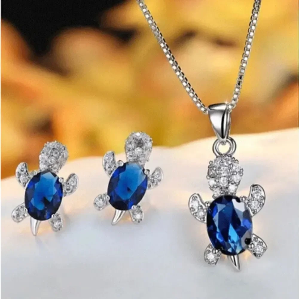 Silver Blue CZ Turtle Necklace with Matching Earrings